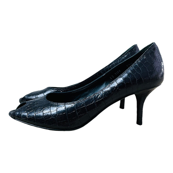 Donald J Pliner Sz 9.5 Black Leather Crocodile Skin Pattern Peep Toe Heels - Picture 3 of 10